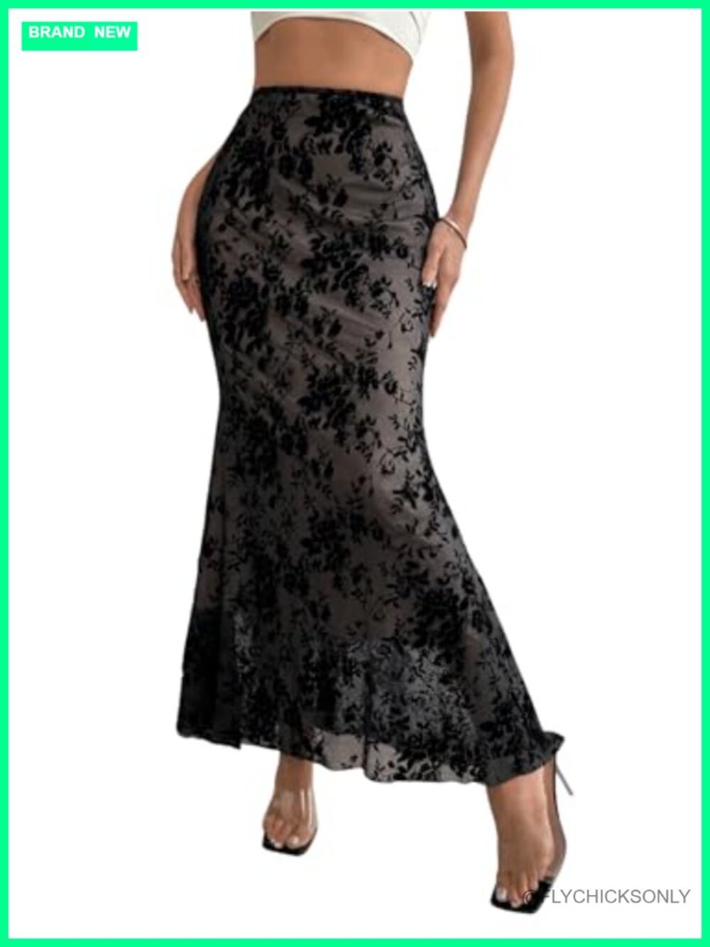 Women's Mesh Floral Pencil Maxi Skirt High Waist Fishtail Ruffle Hem Y2K Goth